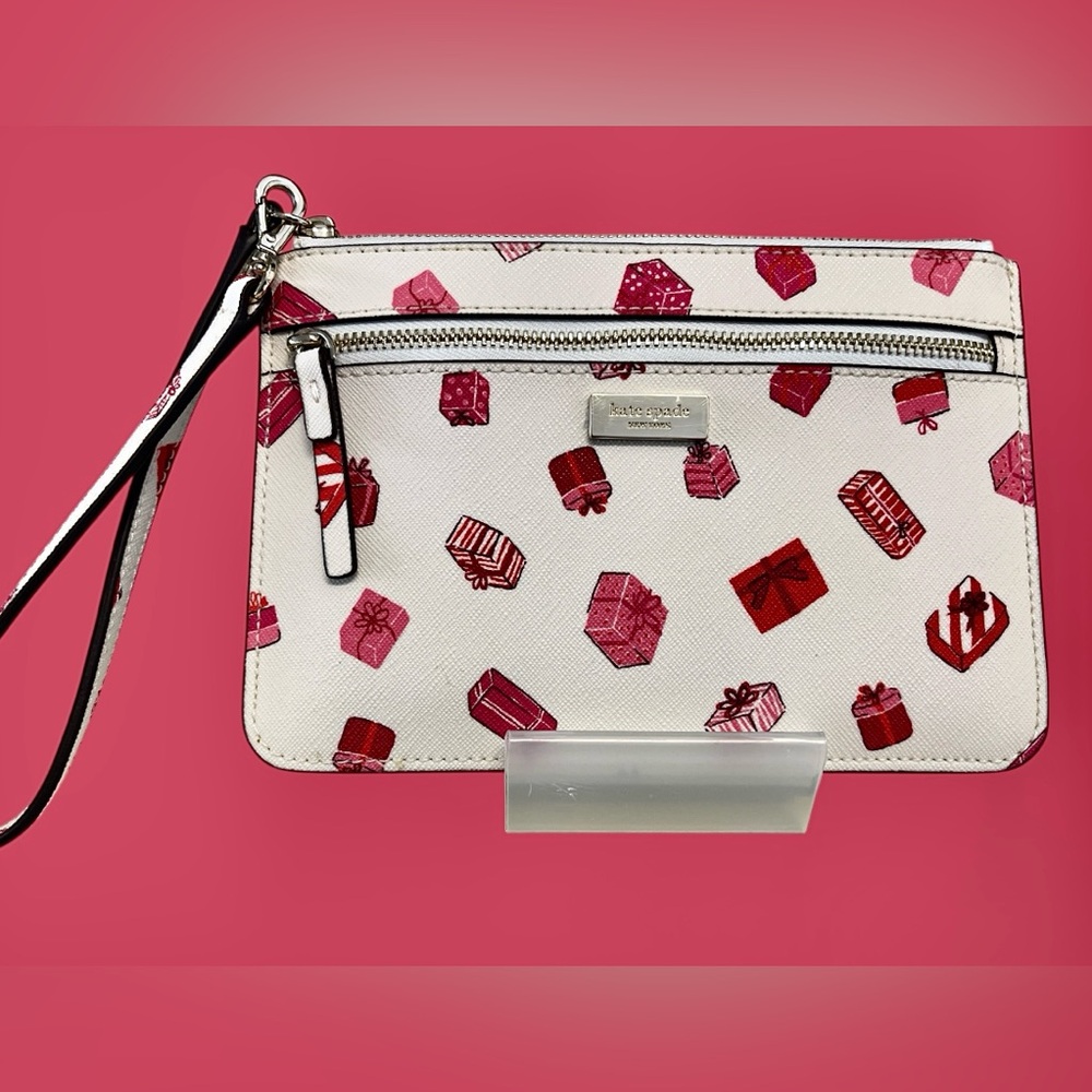 Kate Spade Lg Wristlet Pink Presents on White Saffiano Leather Excellent Cond - Picture 5 of 15